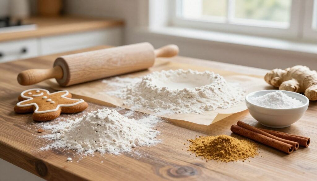 A beautifully arranged flat lay of keto gingerbread ingredients on a rustic wooden table. In the foreground, showcase almond flour, erythritol sweetener, ground ginger, cinnamon sticks, and a small bowl of baking soda. The middle ground features a cozy kitchen setting with a traditional rolling pin and a parchment paper sheet dusted with flour. In the background, soft natural light filters through a window, casting gentle shadows that create a warm atmosphere. Emphasize vibrant colors of the spices and flour, enhancing the inviting feel of a healthy baking experience. The composition should inspire a sense of culinary delight, perfect for a ketogenic diet theme. No text or watermarks.