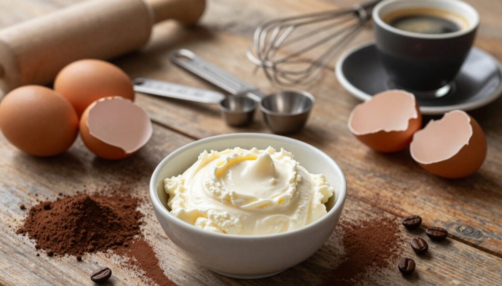 A beautifully arranged flat lay of mascarpone ingredients on a rustic wooden table. In the foreground, a creamy bowl of mascarpone cheese glistens under soft natural light, surrounded by fresh eggs in their shells, a small mound of cocoa powder, and a few coffee beans for a hint of color. In the middle, delicate measuring spoons and a whisk hint at the preparation process, while a sprinkle of cocoa powder dusts the table, enhancing its texture. In the background, out-of-focus kitchen utensils and an espresso cup create a warm, inviting atmosphere. The lighting is soft and diffused, creating a cozy mood, ideal for a culinary setting, inviting viewers to imagine the delicious tiramisu they could create.