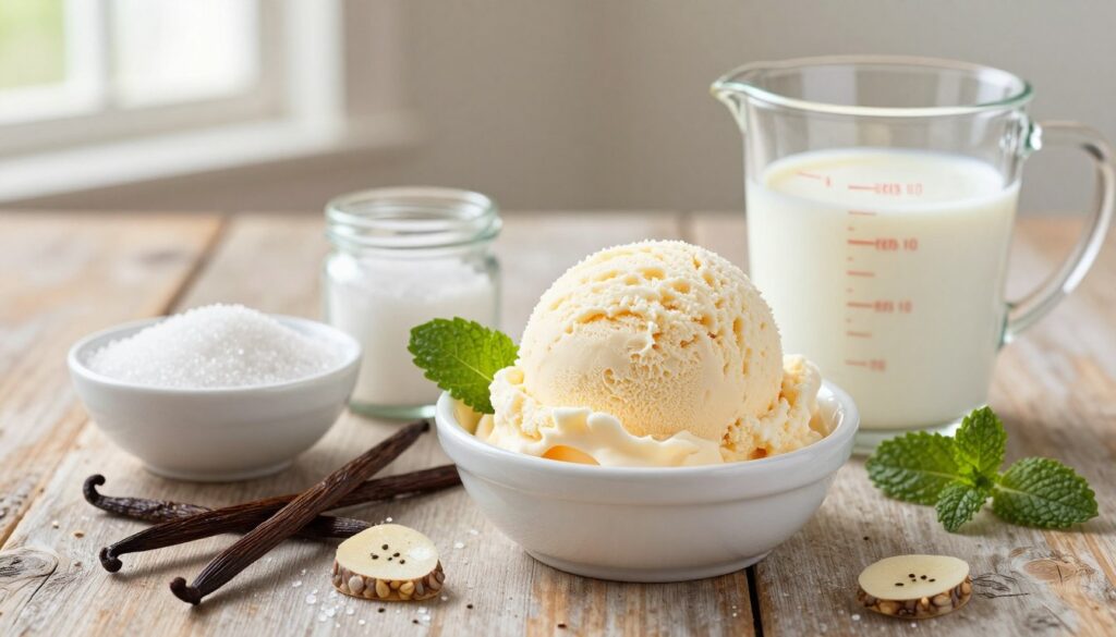 A beautifully arranged flat lay of vanilla ice cream ingredients suitable for a gourmet recipe. In the foreground, feature high-quality vanilla beans, glistening and cut open to reveal their fragrant seeds. Beside them, a bowl of granulated sugar, a small jar of sea salt, and a glass measuring cup filled with creamy whole milk. In the middle, add a scoop of freshly made vanilla ice cream in a classic white dish, garnished with delicate mint leaves. The background should be softly blurred, showcasing a rustic wooden table and gentle natural light filtering through a nearby window, creating a warm and inviting atmosphere. The overall mood should evoke a sense of culinary creativity and craftsmanship in making the perfect vanilla ice cream.