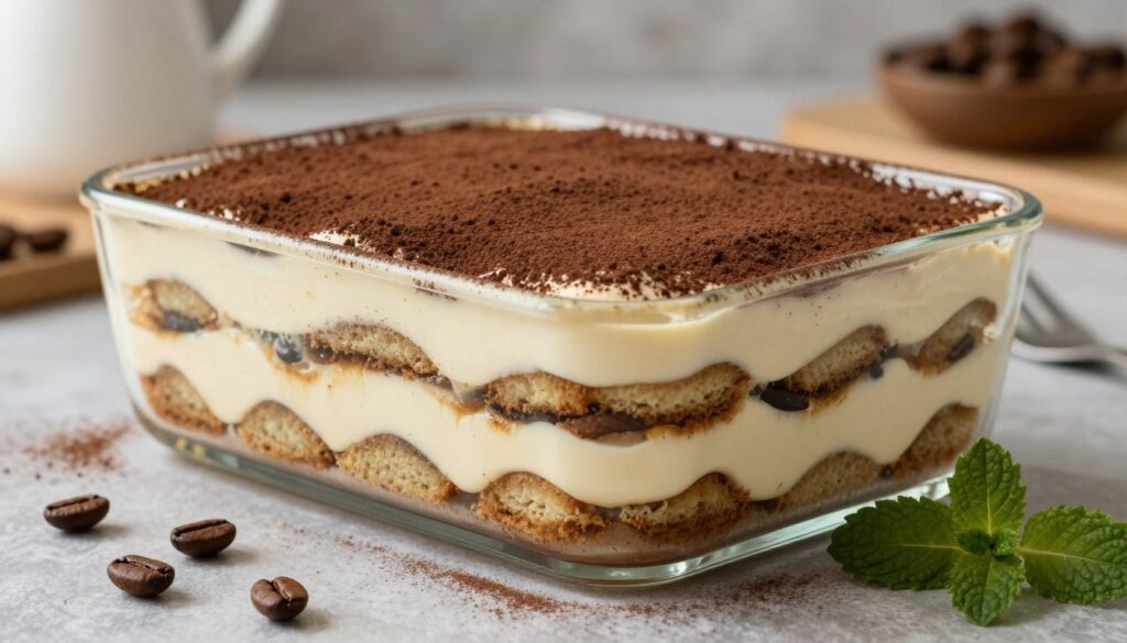 A beautifully arranged keto tiramisu dessert, featuring layers of rich mascarpone cheese and coffee-soaked keto-friendly sponge cake. The dessert is elegantly presented in a glass dish, showcasing its creamy texture and delicate cocoa powder dusting on top. In the foreground, there are fresh coffee beans and a sprig of mint to enhance the visual appeal. The lighting is warm and inviting, creating a cozy atmosphere, while the background consists of softly blurred kitchen elements, emphasizing a homey feel. The overall mood is indulgent yet healthy, reflecting the deliciousness of a classic tiramisu reimagined for the ketogenic diet. A beautifully arranged keto tiramisu dessert, featuring layers of rich mascarpone cheese and coffee-soaked keto-friendly sponge cake. The dessert is elegantly presented in a glass dish, showcasing its creamy texture and delicate cocoa powder dusting on top. In the foreground, there are fresh coffee beans and a sprig of mint to enhance the visual appeal. The lighting is warm and inviting, creating a cozy atmosphere, while the background consists of softly blurred kitchen elements, emphasizing a homey feel. The overall mood is indulgent yet healthy, reflecting the deliciousness of a classic tiramisu reimagined for the ketogenic diet.