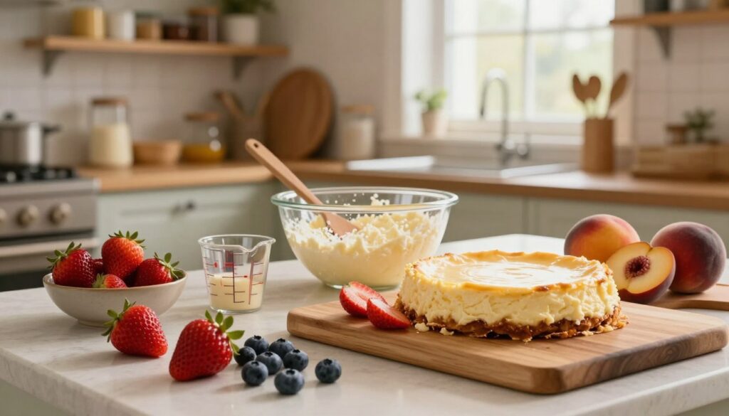 A beautifully arranged kitchen countertop featuring a variety of fresh fruits prepared for baking a cheesecake. In the foreground, vibrant strawberries, blueberries, and peaches are elegantly sliced and placed on a wooden cutting board. The middle ground showcases a mixing bowl filled with creamy cheese mixture, alongside measuring cups and a spatula, emphasizing the preparation process. In the background, warm, soft lighting bathes the kitchen, highlighting rustic shelves filled with baking ingredients and tools. A window lets in natural light, creating a cozy atmosphere, while the scene captures the essence of careful preparation to maintain the fruit's integrity without making the cheesecake mixture too watery. The overall mood is inviting and homely, perfect for illustrating a culinary process. A beautifully arranged kitchen countertop featuring a variety of fresh fruits prepared for baking a cheesecake. In the foreground, vibrant strawberries, blueberries, and peaches are elegantly sliced and placed on a wooden cutting board. The middle ground showcases a mixing bowl filled with creamy cheese mixture, alongside measuring cups and a spatula, emphasizing the preparation process. In the background, warm, soft lighting bathes the kitchen, highlighting rustic shelves filled with baking ingredients and tools. A window lets in natural light, creating a cozy atmosphere, while the scene captures the essence of careful preparation to maintain the fruit's integrity without making the cheesecake mixture too watery. The overall mood is inviting and homely, perfect for illustrating a culinary process.