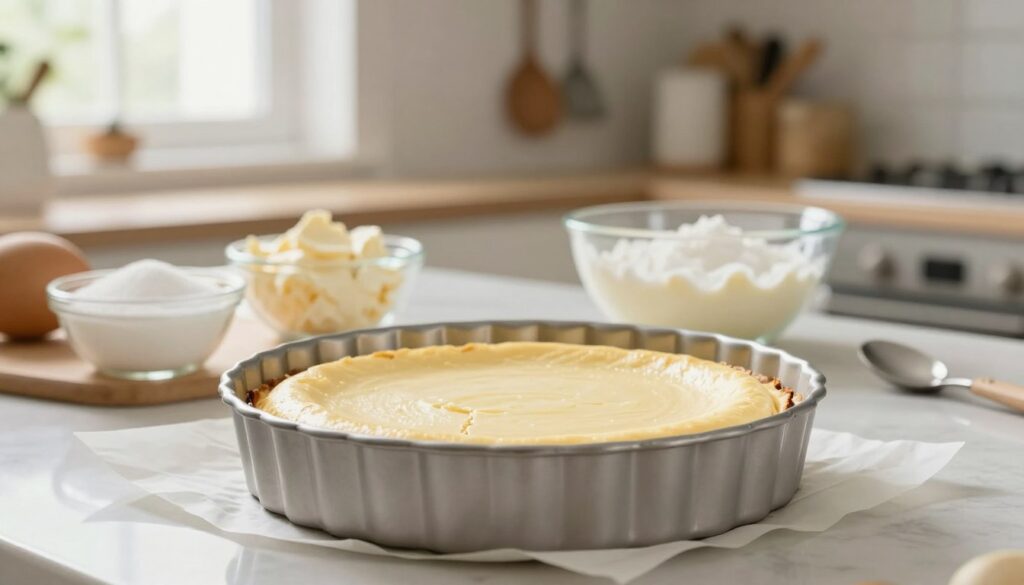A beautifully arranged kitchen countertop featuring a well-prepared cheesecake mold, showcasing the ideal preparation techniques to prevent sticking and cracking. The foreground highlights the cheesecake mold, emphasizing its smooth, polished surface and sturdy build, with a thin layer of parchment paper lining the bottom. In the middle ground, ingredients like cream cheese, sugar, and a bowl for mixing are neatly placed, reflecting the careful preparation process. The background shows a light-filled kitchen with utensils hanging on the wall and a window casting soft, natural light, creating a warm and inviting atmosphere. The scene is captured with a soft focus, adding a dreamy quality to the image, evoking the anticipation of creating a fluffy, cloud-like cheesecake.