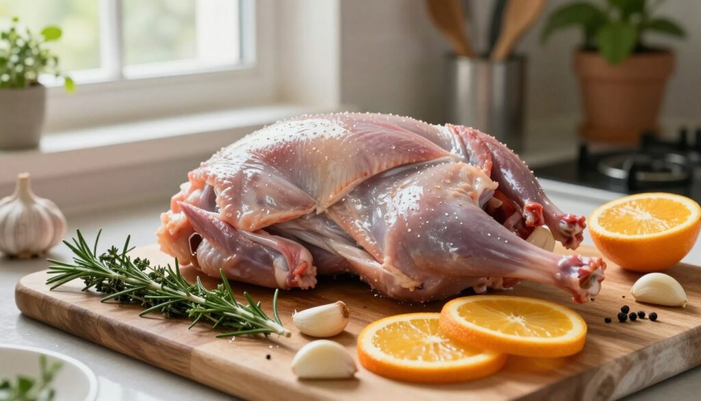 A beautifully arranged kitchen countertop featuring a whole rabbit ready for marination, surrounded by fresh herbs, spices, and citrus fruits. In the foreground, a wooden cutting board is adorned with rosemary, thyme, garlic cloves, and orange slices, showcasing the ingredients for a marinade. The middle ground exhibits the rabbit, skin glistening with moisture, emphasizing its tenderness. Soft, natural light filters in from a nearby window, creating a warm and inviting atmosphere. The background includes blurred kitchen utensils and a hint of greenery from potted plants, enhancing the homely vibe. The composition captures the essence of preparing rabbit meat with care, focusing on the importance of flavor retention and tenderness before roasting.