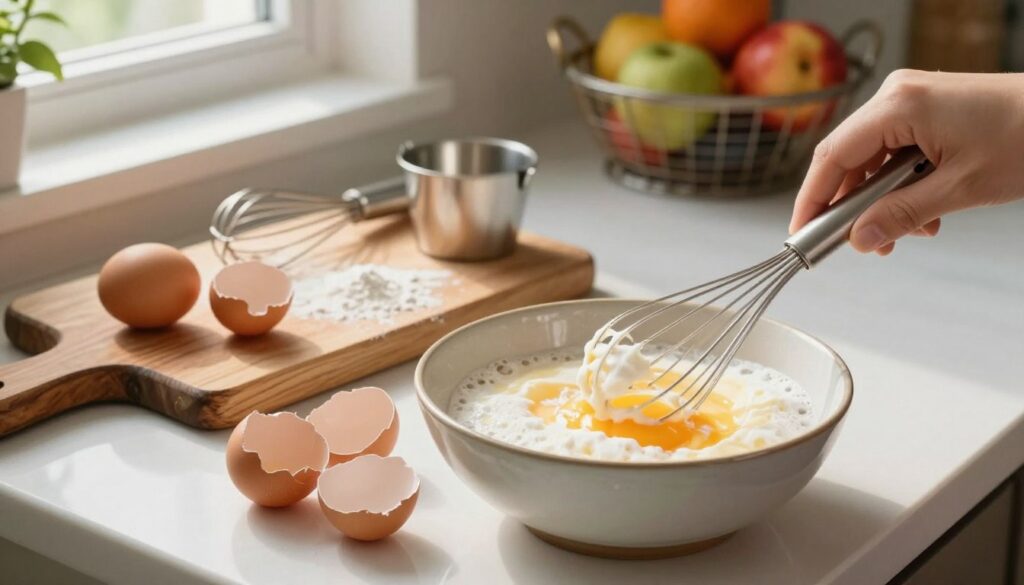 A beautifully arranged kitchen countertop featuring fresh, organic eggs in their shells, placed in an elegant ceramic bowl. In the foreground, focus on a hand using a whisk to mix the egg whites, showcasing the texture and foam being created. In the middle ground, there is a well-worn wooden cutting board with a whisk, measuring cups, and a light dusting of flour. Soft, natural light streams in from a nearby window, creating a warm and inviting atmosphere. The background reveals a glimpse of a colorful fruit basket and kitchen utensils, enhancing the homey feel. The overall mood is one of culinary artistry and stability, reflecting the importance of eggs in creating a firm, well-aerated cheesecake mixture.