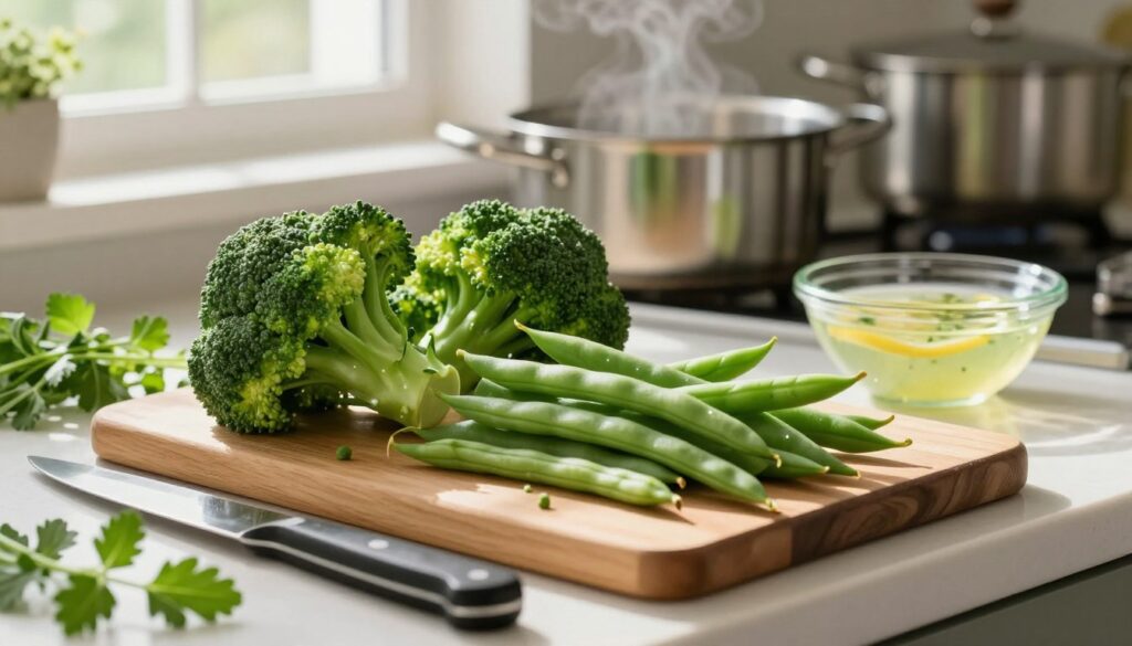 A beautifully arranged kitchen countertop featuring fresh, vibrant green broccoli and delicate green string beans, both lightly blanched to preserve their color and crispness. In the foreground, a wooden cutting board displays a knife and fresh herbs, emphasizing a healthy cooking vibe. The middle ground includes a steaming pot and a bowl with a light, lemony dressing, highlighting the theme of light and balanced cooking. In the background, natural sunlight filters through a window, casting soft shadows and creating a warm atmosphere that evokes a sense of freshness and health. The overall mood is calm and inviting, suited for a nutritious meal preparation. A beautifully arranged kitchen countertop featuring fresh, vibrant green broccoli and delicate green string beans, both lightly blanched to preserve their color and crispness. In the foreground, a wooden cutting board displays a knife and fresh herbs, emphasizing a healthy cooking vibe. The middle ground includes a steaming pot and a bowl with a light, lemony dressing, highlighting the theme of light and balanced cooking. In the background, natural sunlight filters through a window, casting soft shadows and creating a warm atmosphere that evokes a sense of freshness and health. The overall mood is calm and inviting, suited for a nutritious meal preparation.