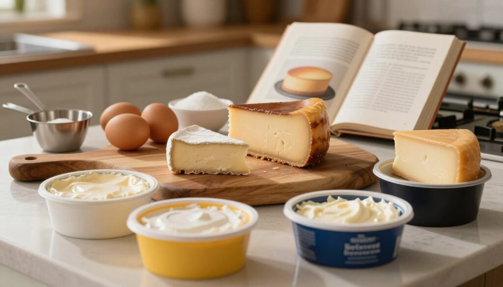 A beautifully arranged kitchen countertop scene focused on selecting the right cheese for cheesecake. In the foreground, there are different types of cream cheeses in open containers, showcasing their textures and colors. The middle layer features an elegant wooden cutting board with fresh ingredients like eggs, sugar, and a measuring cup, symbolizing the baking process. In the background, soft, warm lighting illuminates a classic cookbook opened to a cheesecake recipe, with a hint of a rustic kitchen ambiance. The atmosphere is inviting and homely, evoking a sense of creativity in baking. Focus on the textures of the cheese and the warmth of the kitchen setting, creating a cozy and inspiring mood.