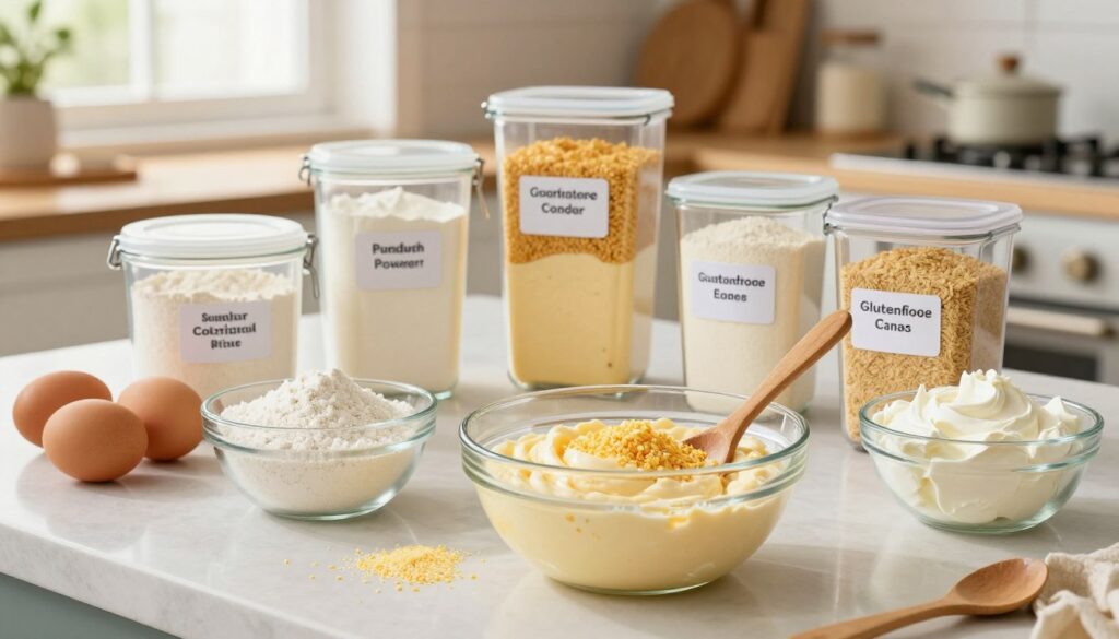 A beautifully arranged kitchen countertop showcases an array of flour substitutes used for cheesecake, such as pudding powder, corn starch, semolina, and gluten-free options. In the foreground, a clear glass bowl holds a light, fluffy mixture of pudding and a sprinkle of corn starch, accented by a wooden spoon. The middle ground features neatly labeled containers of each substitute, surrounded by fresh ingredients like eggs and cream cheese, providing a vibrant pop of color. The background reveals a softly blurred kitchen with warm, natural light pouring in through a window, creating an inviting and cozy atmosphere. The overall mood is educational and appetizing, drawing the viewer's attention to the alternatives for traditional flour in baking. A beautifully arranged kitchen countertop showcases an array of flour substitutes used for cheesecake, such as pudding powder, corn starch, semolina, and gluten-free options. In the foreground, a clear glass bowl holds a light, fluffy mixture of pudding and a sprinkle of corn starch, accented by a wooden spoon. The middle ground features neatly labeled containers of each substitute, surrounded by fresh ingredients like eggs and cream cheese, providing a vibrant pop of color. The background reveals a softly blurred kitchen with warm, natural light pouring in through a window, creating an inviting and cozy atmosphere. The overall mood is educational and appetizing, drawing the viewer's attention to the alternatives for traditional flour in baking.