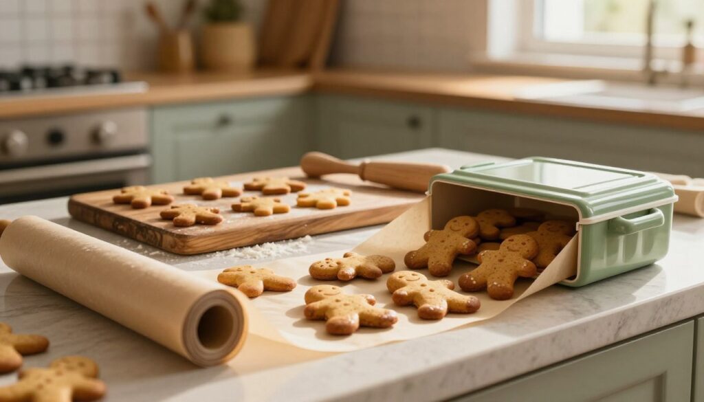 A beautifully arranged kitchen countertop showcasing freshly baked gingerbread cookies. In the foreground, a green ceramic storage container is partially open, revealing soft, spiced gingerbread men inside, their edges slightly glistening from a light glaze. A roll of food-safe parchment paper is nearby, loosely wrapped around some cookies, emphasizing the wrapping technique. In the middle ground, there’s a rustic wooden board with scattered flour and a few baking tools indicating the baking process. The background features warm, inviting kitchen decor, with soft, natural light streaming in through a nearby window, casting gentle shadows. The overall mood is cozy and inviting, emphasizing the care in preserving the gingerbread’s freshness. Focus on warm colors, with rich browns and warm yellows.
