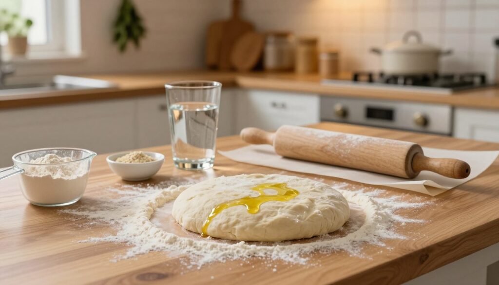 A beautifully arranged kitchen countertop showcasing the preparation of pizza dough for freezing. In the foreground, a smooth wooden surface lightly dusted with flour holds a round, freshly kneaded dough ball, glistening with a bit of olive oil. Beside it, there are measuring cups filled with flour and a small bowl with yeast. In the middle, a rolling pin and parchment paper are ready to help shape the dough, while a glass of water sits invitingly, reflecting the warm kitchen lights. The background features a softly lit kitchen with wooden cabinets and herbs hanging, creating a cozy atmosphere. The scene should embody a sense of care and precision, with soft, warm lighting to evoke a homely cooking vibe, emphasizing the importance of technique in preserving the dough's elasticity during freezing.