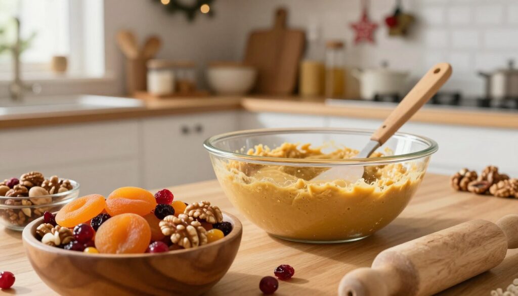 A beautifully arranged kitchen scene capturing the process of preparing gingerbread cake batter, with a focus on the moment before adding dried fruits and nuts. In the foreground, a wooden bowl filled with vibrant, colorful nuts and dried fruits, such as apricots, walnuts, and cranberries, glistening in natural light. In the middle ground, a large mixing bowl contains a rich, golden gingerbread batter, with a spatula resting beside it. The background shows an inviting kitchen with warm, soft lighting, wooden shelves filled with baking supplies, and festive decorations. The atmosphere is warm and cozy, evoking a sense of holiday spirit and anticipation for baking. The composition emphasizes a harmonious blend of ingredients, highlighting the careful process of adding fruits to achieve the ideal texture. A beautifully arranged kitchen scene capturing the process of preparing gingerbread cake batter, with a focus on the moment before adding dried fruits and nuts. In the foreground, a wooden bowl filled with vibrant, colorful nuts and dried fruits, such as apricots, walnuts, and cranberries, glistening in natural light. In the middle ground, a large mixing bowl contains a rich, golden gingerbread batter, with a spatula resting beside it. The background shows an inviting kitchen with warm, soft lighting, wooden shelves filled with baking supplies, and festive decorations. The atmosphere is warm and cozy, evoking a sense of holiday spirit and anticipation for baking. The composition emphasizes a harmonious blend of ingredients, highlighting the careful process of adding fruits to achieve the ideal texture.