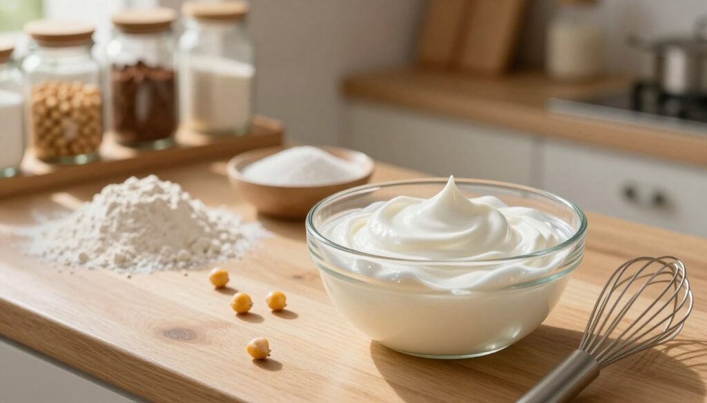 A beautifully arranged kitchen scene focused on a bowl of aquafaba (whipped chickpea water) against a wooden countertop. In the foreground, a clear glass bowl filled with frothy aquafaba sits next to a whisk, with a touch of golden light illuminating the smooth texture. In the middle, there are various ingredients like flour, sugar, and baking powder artistically scattered, suggesting a baking process. In the background, soft-focus shelves display jars of spices and baking tools, adding depth to the scene. The overall atmosphere feels warm and inviting, evoking a sense of creativity in baking. The lighting is soft and natural, reminiscent of late afternoon sunlight filtering through a window, enhancing the serene mood.