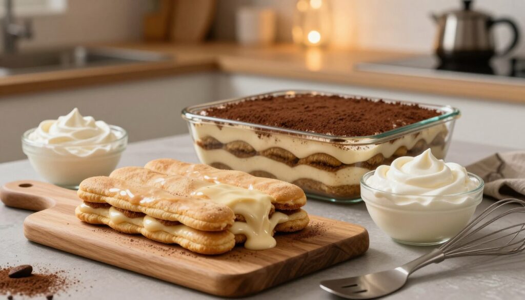 A beautifully arranged kitchen scene showcasing the preparation of a kajmakowe tiramisu. In the foreground, a stylish wooden cutting board holds layers of coffee-soaked ladyfingers and a rich kajmak cream, glistening with a smooth texture. Beside it, there are bowls filled with freshly whipped cream and creamy kajmak, a whisk and a spatula gently placed down, suggesting a delightful process. The middle ground features a glass dish partially filled with the decadent layers of tiramisu, topped with a dusting of cocoa powder. The background shows an inviting kitchen space, softly lit with warm lighting, highlighting the ingredients and a hint of fresh coffee in a pot. The mood is cozy and homey, evoking a sense of culinary creativity.
