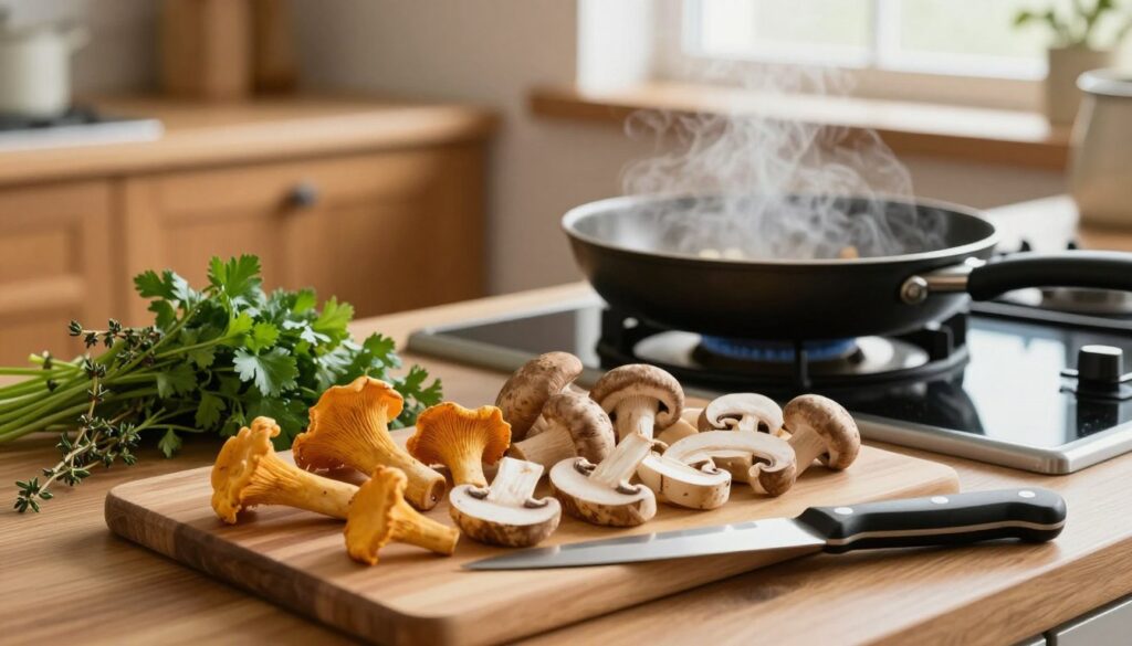 A beautifully arranged kitchen scene showcasing the preparation of mushrooms. In the foreground, a wooden cutting board displays an assortment of fresh mushrooms, including chanterelles, portobellos, and shiitakes, sliced and ready for cooking. A sharp knife glistens next to the board. The middle ground features a skillet on a modern stovetop, with soft steam rising, hinting at the sauteing process. Fresh herbs like parsley and thyme are scattered nearby, adding a pop of vibrant green. In the background, warm wooden cabinets and soft appliance details create a cozy atmosphere, illuminated by natural light streaming in from a window. The mood is inviting and aromatic, focusing on the craft of preparing mushrooms without excess moisture.