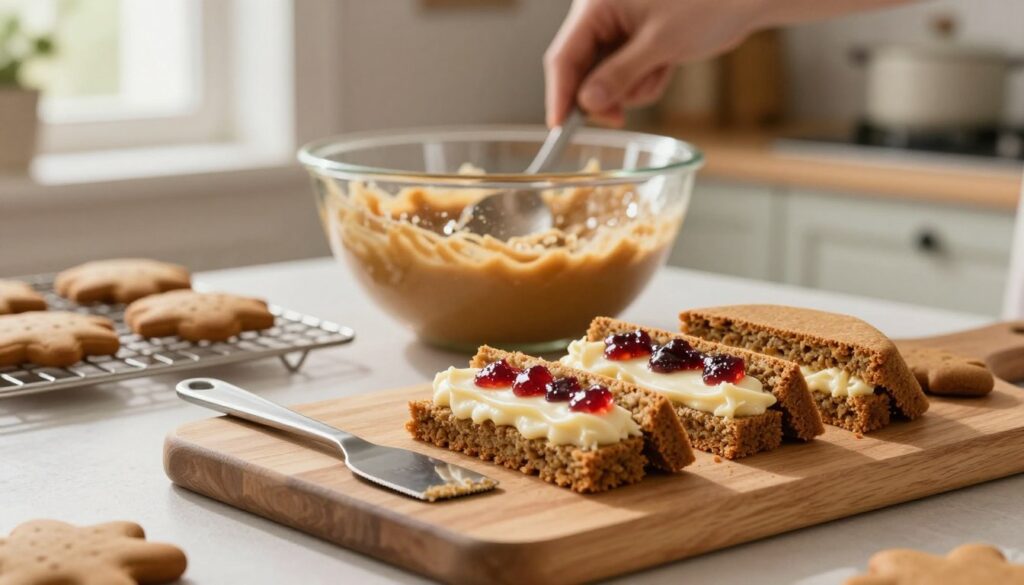 A beautifully arranged kitchen scene showcasing the technique of layering gingerbread. In the foreground, a wooden cutting board displays slices of moist gingerbread, expertly filled with smooth, rich cream and vibrant fruit preserves. A small spatula rests nearby, showcasing the meticulous craftsmanship involved. In the middle ground, a large mixing bowl with a glossy filling and a spoon gently stirring the mixture creates a sense of action. The background features a softly lit kitchen with warm, natural light filtering through a window, highlighting freshly baked gingerbread cookies on a cooling rack. The cozy atmosphere evokes a sense of home and tradition, inviting viewers to learn about creating soft and aromatic layered gingerbread. A beautifully arranged kitchen scene showcasing the technique of layering gingerbread. In the foreground, a wooden cutting board displays slices of moist gingerbread, expertly filled with smooth, rich cream and vibrant fruit preserves. A small spatula rests nearby, showcasing the meticulous craftsmanship involved. In the middle ground, a large mixing bowl with a glossy filling and a spoon gently stirring the mixture creates a sense of action. The background features a softly lit kitchen with warm, natural light filtering through a window, highlighting freshly baked gingerbread cookies on a cooling rack. The cozy atmosphere evokes a sense of home and tradition, inviting viewers to learn about creating soft and aromatic layered gingerbread.