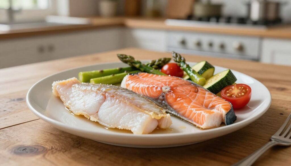 A beautifully arranged plate featuring two types of fish: a delicate, lean fish, like cod, on one side, and a rich, fatty fish, such as salmon, on the other. Surrounding the fish, a vibrant array of seasonal vegetables like asparagus, cherry tomatoes, and zucchini, cooked to perfection. The scene is set on a rustic wooden table, with a softly blurred background of a cozy kitchen bathed in warm, natural light. Capture the texture of the fish and the sheen of the vegetables, emphasizing the contrast between the two fish types. Use a shallow depth of field to draw attention to the plate while softly blurring the background elements. The overall mood is fresh and inviting, suitable for a light, balanced meal presentation. A beautifully arranged plate featuring two types of fish: a delicate, lean fish, like cod, on one side, and a rich, fatty fish, such as salmon, on the other. Surrounding the fish, a vibrant array of seasonal vegetables like asparagus, cherry tomatoes, and zucchini, cooked to perfection. The scene is set on a rustic wooden table, with a softly blurred background of a cozy kitchen bathed in warm, natural light. Capture the texture of the fish and the sheen of the vegetables, emphasizing the contrast between the two fish types. Use a shallow depth of field to draw attention to the plate while softly blurring the background elements. The overall mood is fresh and inviting, suitable for a light, balanced meal presentation.