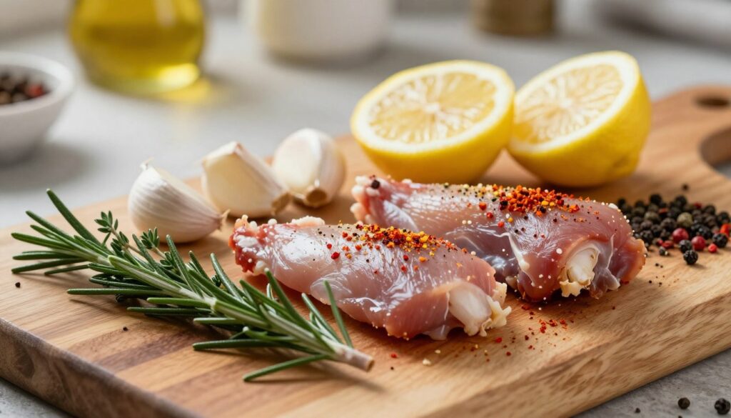 A beautifully arranged platter of various spices ideal for seasoning rabbit meat before roasting. In the foreground, showcase vibrant herbs like rosemary and thyme, along with colorful spices such as paprika and black pepper. The middle ground features an aesthetically pleasing arrangement of garlic cloves and sliced lemon, which are commonly used in marinades. The background includes a rustic wooden cutting board and a blurred kitchen setting that exudes warmth, with soft, natural lighting to create an inviting atmosphere. The focus should be sharp on the spices, conveying a sense of preparation and culinary tradition, while maintaining an overall harmonious and appetizing mood.