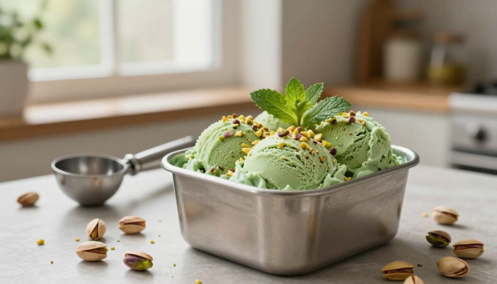 A beautifully arranged scene capturing homemade pistachio ice cream being frozen. In the foreground, a stainless steel container filled with a vibrant green pistachio ice cream, garnished with crushed pistachios and a few mint leaves, creates an inviting focal point. The middle ground showcases a cozy kitchen setting with a countertop scattered with fresh pistachios and a vintage ice cream scoop nestled beside the container. In the background, soft natural light filters through a window, enhancing the warm ambiance of the kitchen, while a hint of blurred wooden shelves adds depth to the scene. The overall mood is warm and inviting, emphasizing the process of creating rich, homemade pistachio ice cream. Consider using a soft focus lens to evoke a sense of comfort and homemade charm.