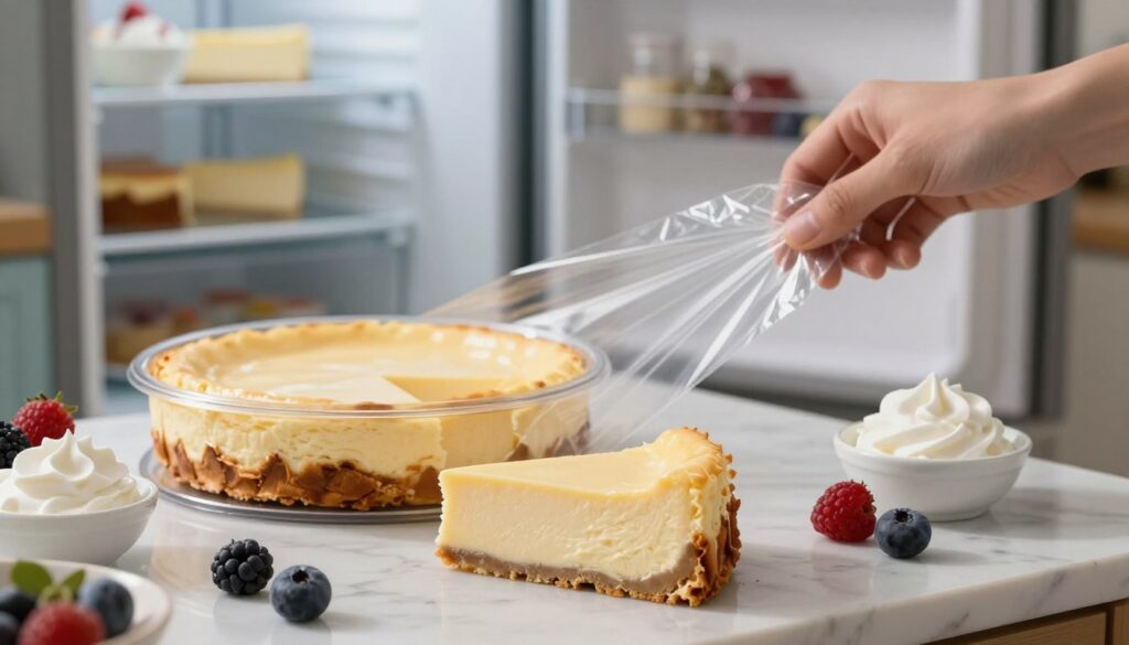 A beautifully arranged scene depicting a cheesecake being properly prepared for freezing. In the foreground, a slice of cheesecake sits on a marble countertop, subtly glistening with a creamy texture, surrounded by a few fresh berries and a small dish of whipped cream. In the middle ground, a plastic wrap is delicately being placed over a whole cheesecake in a clear container, showcasing its smooth surface. The background is softly blurred, featuring a cozy kitchen with cool-toned colors, emphasizing the refrigerator’s open door, revealing a well-organized space for storing desserts. The lighting is warm and inviting, highlighting the cheesecake's richness. The atmosphere feels calm and homely, perfect for conveying the art of preserving this delicious dessert. A beautifully arranged scene depicting a cheesecake being properly prepared for freezing. In the foreground, a slice of cheesecake sits on a marble countertop, subtly glistening with a creamy texture, surrounded by a few fresh berries and a small dish of whipped cream. In the middle ground, a plastic wrap is delicately being placed over a whole cheesecake in a clear container, showcasing its smooth surface. The background is softly blurred, featuring a cozy kitchen with cool-toned colors, emphasizing the refrigerator’s open door, revealing a well-organized space for storing desserts. The lighting is warm and inviting, highlighting the cheesecake's richness. The atmosphere feels calm and homely, perfect for conveying the art of preserving this delicious dessert.
