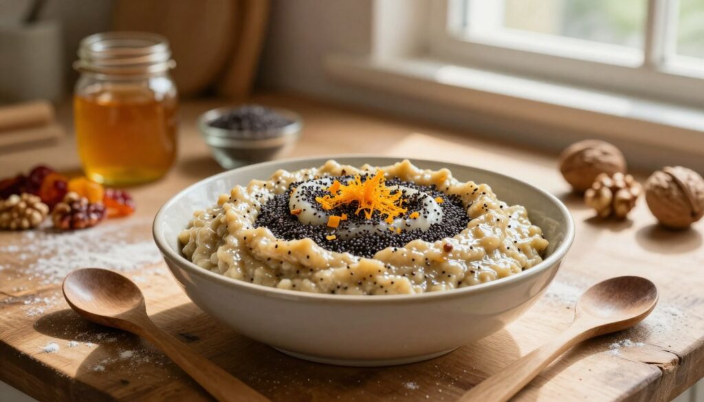 A beautifully arranged scene featuring a bowl of masa makowa, a rich poppy seed filling, set on a rustic wooden kitchen table. The masa is glossy and textured, showcasing flecks of bright orange zest and dark poppy seeds. In the foreground, a small wooden spoon rests beside the bowl, and a dusting of flour is visible on the table. In the middle background, there are soft-focused ingredients like honey jars, dried fruits, and walnuts, hinting at a cozy baking atmosphere. The lighting is warm and inviting, with gentle sunlight streaming in through a nearby window, creating soft shadows and highlighting the masa's moist consistency. The overall mood is homely and comforting, evoking a sense of traditional baking and care.