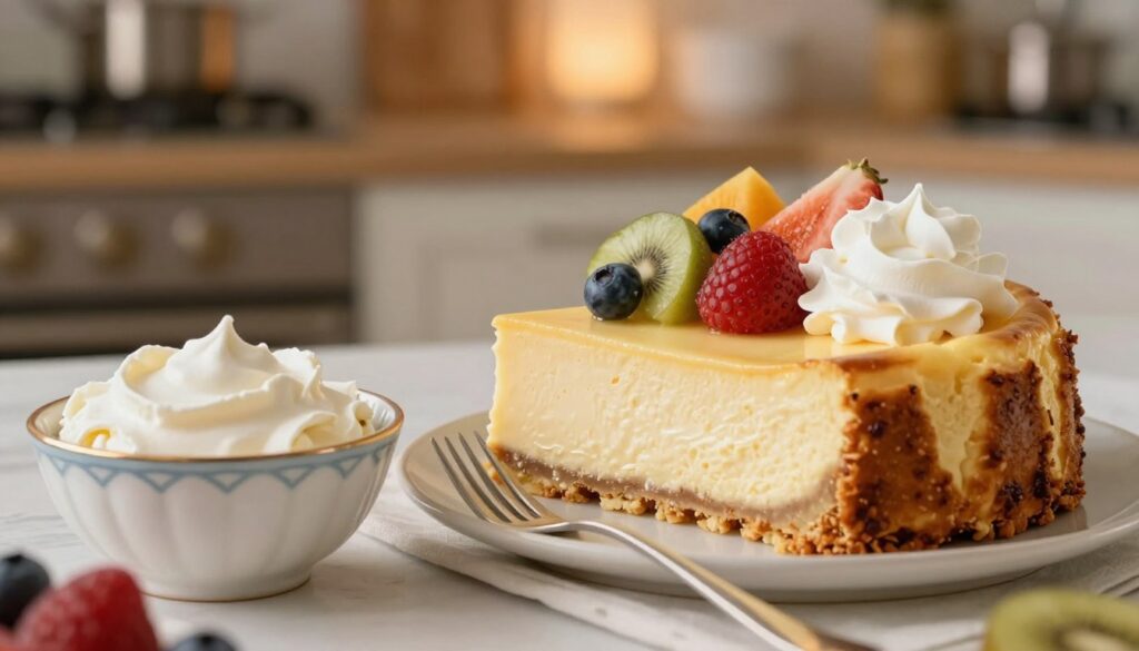 A beautifully arranged scene featuring a smooth, creamy cheesecake topped with fresh fruits and a dollop of whipped cream, showcasing a creamy cheese spread in a decorative bowl alongside. The foreground highlights the rich texture of the cheese, inviting a sense of indulgence. In the middle, a delicate fork rests against the cheesecake, suggesting a taste experience. The background features a soft-focus kitchen setting with warm, ambient lighting, emphasizing a cozy baking atmosphere. The composition should evoke feelings of comfort and culinary delight, with an elegant presentation, suitable for a food-focused article.