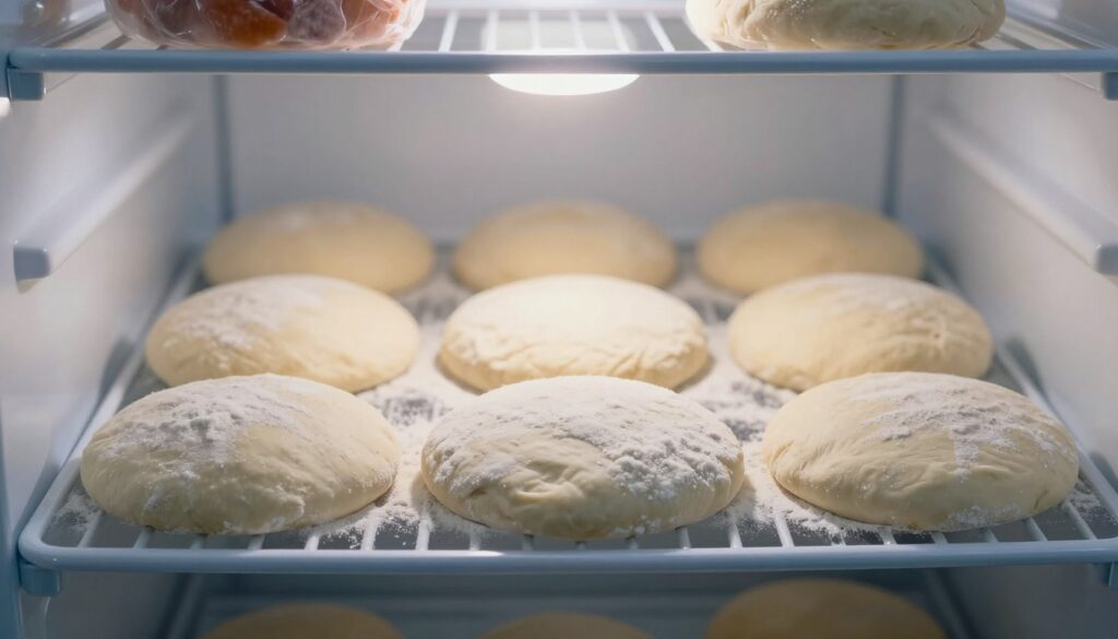 A beautifully arranged scene of frozen pizza dough in a clear, well-organized freezer. In the foreground, several rounds of neatly wrapped pizza dough are stacked on a shelf, dusted with flour to show freshness. In the middle, a soft, glowing light illuminates the dough, emphasizing its smooth texture and round shape. In the background, a faint blur of other frozen items can be seen, creating depth while keeping the focus on the pizza dough. The atmosphere is cool and inviting, evoking a sense of readiness for meal preparation. The lighting is soft, simulating an early evening ambiance, with a hint of warmth to contrast the coolness of the freezer.