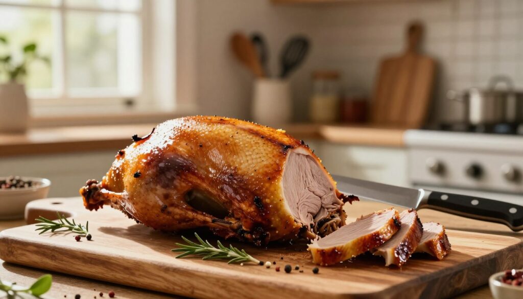 A beautifully arranged scene showcasing a freshly roasted duck resting on a rustic wooden cutting board. In the foreground, the duck is glistening with a crispy golden skin, exuding juiciness, with herbs and spices scattered artistically around it. The middle ground features a sharp, elegant knife partially embedded in the duck, ready to carve, while a few slices are already cut, revealing succulent, tender meat inside. The background is softly blurred, depicting a warm, cozy kitchen atmosphere, with wooden shelves lined with cooking utensils and spices. Natural light pours in from a nearby window, creating a warm glow, emphasizing the inviting nature of the scene, suggesting a moment of anticipation before serving. The mood is peaceful and appetizing, evoking a sense of culinary delight.