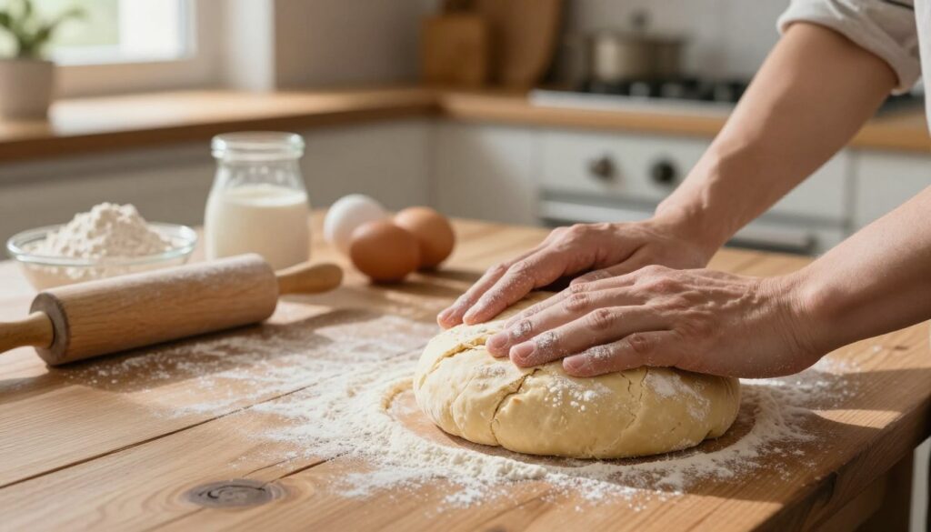 A beautifully arranged scene showcasing freshly made "ciasto drożdżowe" on a rustic wooden kitchen table. The dough is golden brown, cracked on top, and sprinkled with flour, highlighting its fluffy texture. In the foreground, a hand gently kneads the dough, showcasing the craft of working with yeast dough. In the middle, an array of baking ingredients like flour, eggs, and a rolling pin are artfully placed, creating a sense of preparation. The background features a warm, inviting kitchen with soft, natural lighting coming from a window, casting gentle shadows and illuminating the scene. The overall mood is warm, homely, and focused, perfect for illustrating the importance of proper handling in baking. A beautifully arranged scene showcasing freshly made "ciasto drożdżowe" on a rustic wooden kitchen table. The dough is golden brown, cracked on top, and sprinkled with flour, highlighting its fluffy texture. In the foreground, a hand gently kneads the dough, showcasing the craft of working with yeast dough. In the middle, an array of baking ingredients like flour, eggs, and a rolling pin are artfully placed, creating a sense of preparation. The background features a warm, inviting kitchen with soft, natural lighting coming from a window, casting gentle shadows and illuminating the scene. The overall mood is warm, homely, and focused, perfect for illustrating the importance of proper handling in baking.