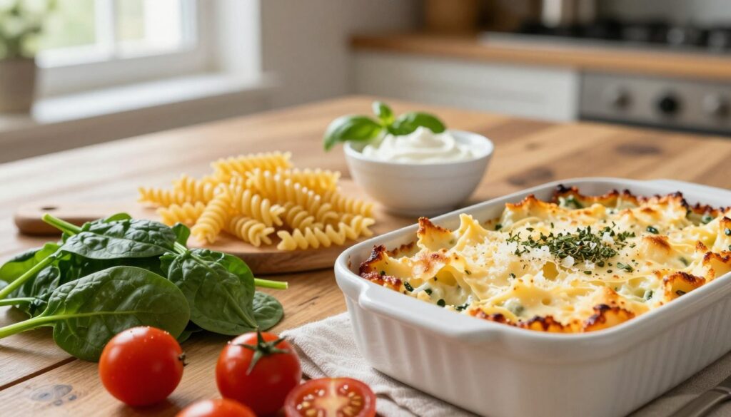A beautifully arranged selection of ingredients for a creamy pasta bake, showcasing an array of fresh produce and pantry staples. In the foreground, vibrant green spinach, juicy cherry tomatoes, and rich, golden-brown cheese, freshly grated, create a mouthwatering visual. Midground elements include uncooked pasta spirals, a small bowl of white sauce, and a sprinkle of aromatic herbs like oregano and basil. The background features an elegant rustic wooden kitchen table, softly illuminated by warm, natural light streaming from a nearby window, giving a cozy home-cooking atmosphere. The image should evoke a sense of warmth and anticipation, hinting at the delicious meal to come, without any text or distractions. A beautifully arranged selection of ingredients for a creamy pasta bake, showcasing an array of fresh produce and pantry staples. In the foreground, vibrant green spinach, juicy cherry tomatoes, and rich, golden-brown cheese, freshly grated, create a mouthwatering visual. Midground elements include uncooked pasta spirals, a small bowl of white sauce, and a sprinkle of aromatic herbs like oregano and basil. The background features an elegant rustic wooden kitchen table, softly illuminated by warm, natural light streaming from a nearby window, giving a cozy home-cooking atmosphere. The image should evoke a sense of warmth and anticipation, hinting at the delicious meal to come, without any text or distractions.