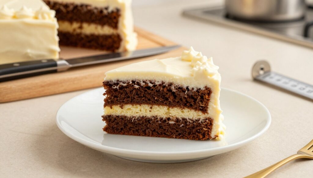 A beautifully arranged slice of cake sits elegantly on a white porcelain plate, showcasing its moist layers and creamy frosting. The cake is presented in a well-lit kitchen, with warm light illuminating its rich colors, highlighting shades of chocolate and vanilla. In the background, a cutting board with a precision knife is discreetly placed, along with a measuring tool, emphasizing the topic of cutting cake into equal pieces. The setting is inviting and conveys a sense of warmth and celebration. The image should be captured from a slightly elevated angle, providing a clear view of the cake slice in the foreground while creating a sense of depth with the blurred kitchen elements in the background, reflecting a cozy atmosphere perfect for baking.