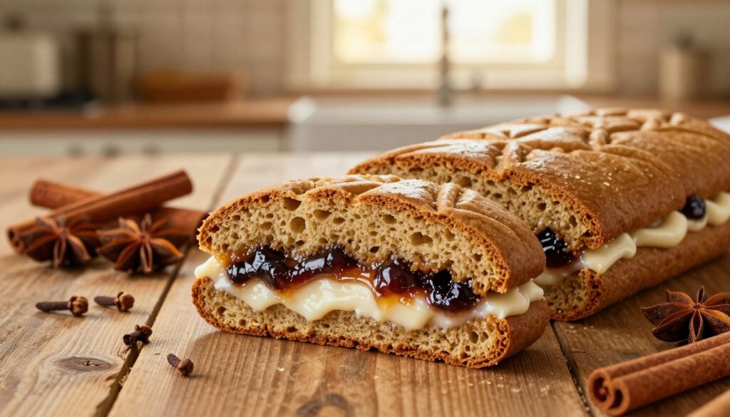 A beautifully arranged slice of soft, aromatic gingerbread ("piernik") rests on a rustic wooden table, showcasing its moist, rich texture and glossy filling. The foreground features intricate details of the gingerbread, with glistening layers of flavorful cream and dark fruit preserves peeking through. In the middle ground, a collection of vibrant spices like cinnamon and cloves is artfully scattered, emphasizing the warm, inviting aroma. The background captures a softly lit kitchen scene with warm, golden light filtering through a window, creating a cozy atmosphere. The image is captured from a top-down angle, enhancing the inviting textures and colors, evoking a sense of comfort and culinary delight. The overall mood is warm and inviting, perfect for illustrating the transformation of traditional gingerbread through delicious fillings. A beautifully arranged slice of soft, aromatic gingerbread ("piernik") rests on a rustic wooden table, showcasing its moist, rich texture and glossy filling. The foreground features intricate details of the gingerbread, with glistening layers of flavorful cream and dark fruit preserves peeking through. In the middle ground, a collection of vibrant spices like cinnamon and cloves is artfully scattered, emphasizing the warm, inviting aroma. The background captures a softly lit kitchen scene with warm, golden light filtering through a window, creating a cozy atmosphere. The image is captured from a top-down angle, enhancing the inviting textures and colors, evoking a sense of comfort and culinary delight. The overall mood is warm and inviting, perfect for illustrating the transformation of traditional gingerbread through delicious fillings.