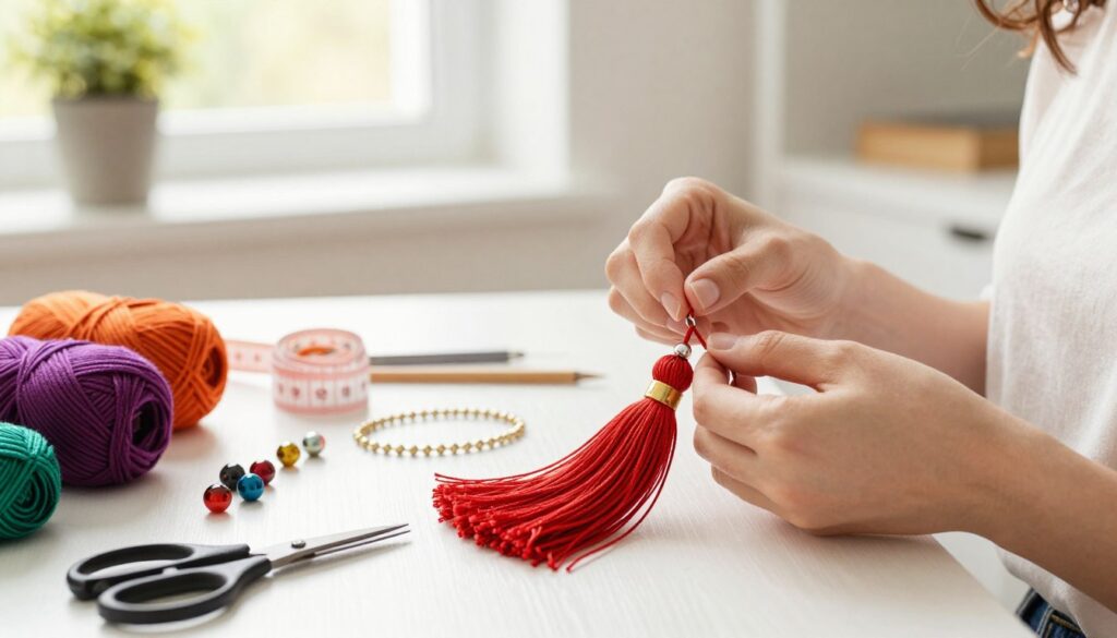 A beautifully arranged step-by-step guide on making a premium-looking tassel for a handbag, showcased in a clear, artistic manner. The foreground features a neatly organized workspace with vibrant yarn and crafting materials laid out, such as scissors, beads, and a measuring tape. In the middle, a pair of hands demonstrates the knots and techniques involved in creating the tassel, ensuring the method is evident and visually appealing. The background is softly blurred, emphasizing a cozy, well-lit crafting environment filled with warm, natural light filtering through a window. The mood conveys a sense of creativity and hands-on craftsmanship, highlighting the elegance of DIY fashion accessories.