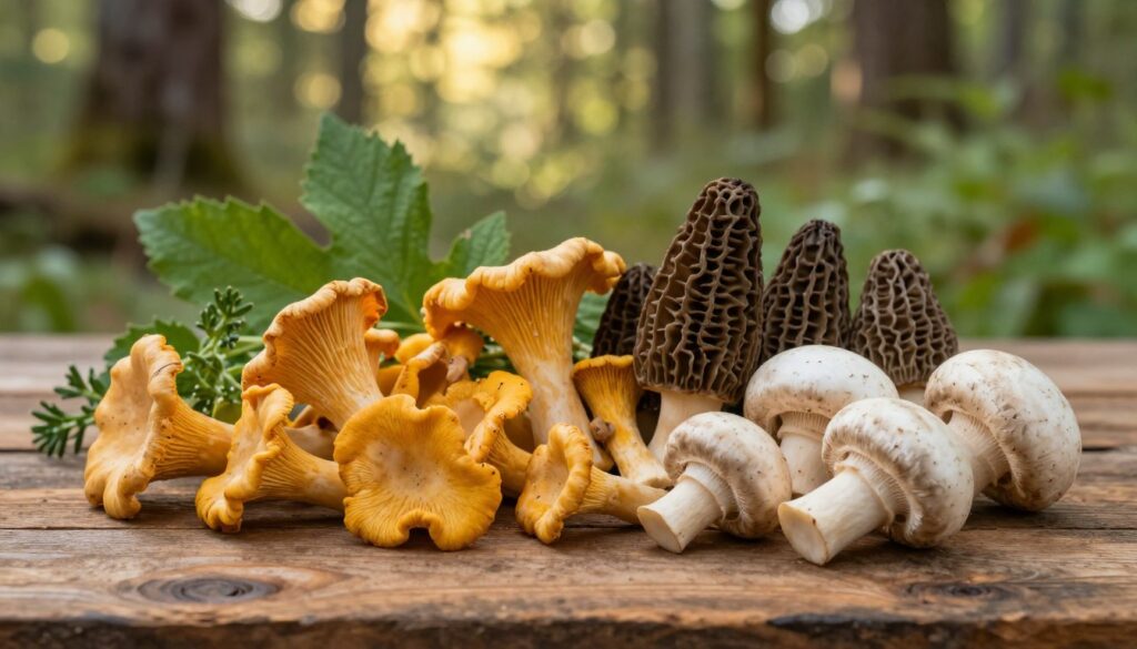 A beautifully arranged still life of the lightest edible mushrooms, like chanterelles, morels, and white button mushrooms, set on a rustic wooden table. In the foreground, the delicate textures and colors of the mushrooms are highlighted, showcasing their freshness and vibrant hues. The middle ground features soft, lush green leaves and small herbs, adding a natural touch to the composition. In the background, a softly blurred forest or woodland scene with dappled sunlight filtering through the trees creates a serene atmosphere. Use warm, inviting lighting to enhance the earthy tones and create a sense of tranquility. Capture this scene from a slightly elevated angle to emphasize the mushroom arrangement while maintaining focus on the details and textures, evoking a sense of culinary delight and nature's bounty.