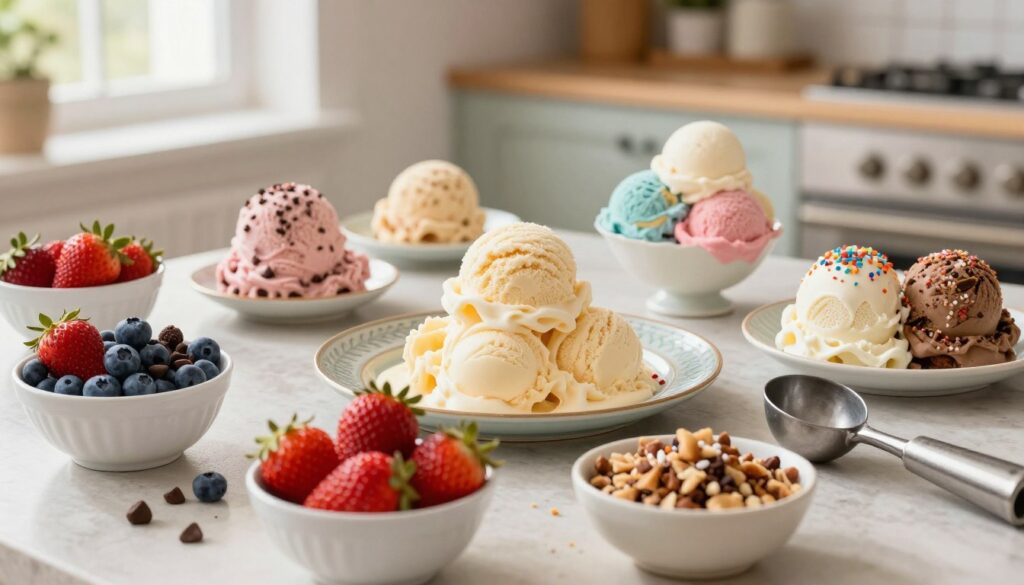 A beautifully arranged table showcasing an assortment of colorful ice cream toppings and mix-ins. In the foreground, bowls filled with vibrant strawberries, blueberries, chocolate chips, crushed nuts, and sprinkles create an inviting display. The middle section features a rich, creamy ice cream base in a variety of flavors, with scoops artistically placed on elegant dessert plates. The background is softly blurred, highlighting a cozy kitchen setting with natural light streaming through a window, creating a warm and inviting atmosphere. A vintage-style ice cream scoop lies nearby, hinting at the homemade aspect. The composition conveys a sense of creativity and enjoyment, perfect for illustrating the concept of building flavor and texture in homemade ice cream. A beautifully arranged table showcasing an assortment of colorful ice cream toppings and mix-ins. In the foreground, bowls filled with vibrant strawberries, blueberries, chocolate chips, crushed nuts, and sprinkles create an inviting display. The middle section features a rich, creamy ice cream base in a variety of flavors, with scoops artistically placed on elegant dessert plates. The background is softly blurred, highlighting a cozy kitchen setting with natural light streaming through a window, creating a warm and inviting atmosphere. A vintage-style ice cream scoop lies nearby, hinting at the homemade aspect. The composition conveys a sense of creativity and enjoyment, perfect for illustrating the concept of building flavor and texture in homemade ice cream.