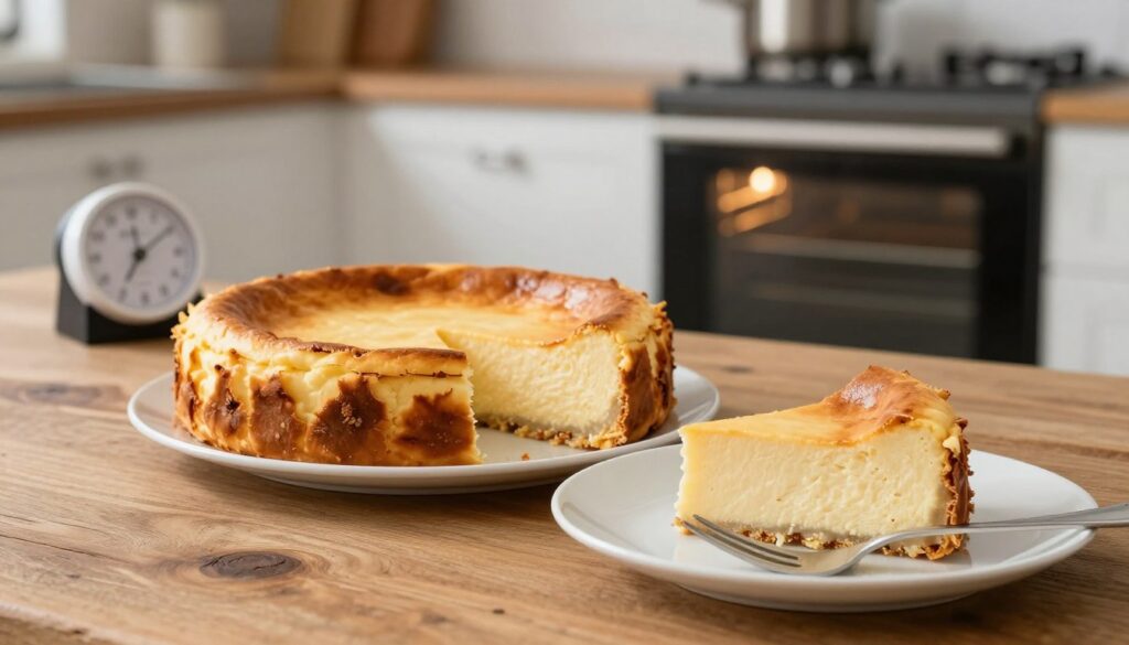 A beautifully baked cheesecake sits on a rustic wooden table, its golden-brown top slightly cracked, hinting at its creamy inside. In the foreground, a delicate slice of cheesecake is served on a white porcelain plate, with a fork placed elegantly beside it, glistening in the soft natural light. In the background, a modern kitchen setting showcases a timer, measuring cups, and a slightly open oven door emitting warm light, emphasizing the theme of baking time and precision. The atmosphere is warm and inviting, with an emphasis on the baking process, showcasing the importance of time and temperature in achieving the perfect cheesecake. The image is captured with a shallow depth of field to focus on the cheesecake, creating a cozy, homely mood.
