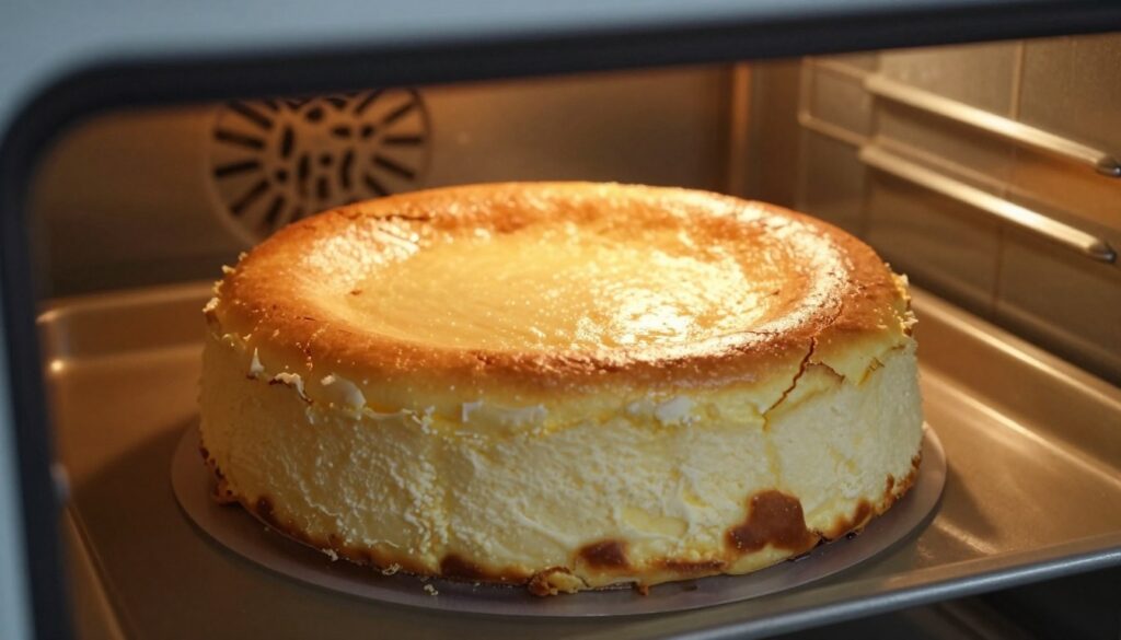 A beautifully baked cheesecake sitting in an open oven, showcasing its golden brown top with a small crack running across the surface, symbolizing the effects of temperature and humidity changes. In the foreground, a close-up view of the cheesecake reveals its creamy texture and subtle sheen. The middle ground features the oven's interior, with soft, warm light illuminating the cheesecake while casting gentle shadows that enhance its form. In the background, the oven door is slightly ajar, revealing a hint of the kitchen’s tiled walls. The atmosphere is warm and inviting, evoking a sense of home baking. The image captures the delicate balance of baking, emphasizing the questions of temperature and moisture while maintaining a cozy, culinary vibe.
