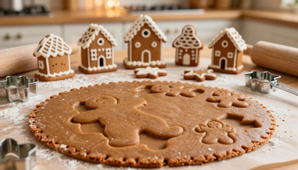 A beautifully crafted gingerbread dough, displayed prominently in the foreground, showing rich brown tones with hints of spices. The dough is expertly shaped into precise pieces using various cookie cutters, showcasing clean edges and a smooth texture. In the middle layer, an array of gingerbread cookie shapes—roofs, walls, and decorative elements—are arranged neatly on a wooden surface, dusted lightly with flour. In the background, a warm, inviting kitchen setting glows softly with warm lighting, enhancing the cozy atmosphere. A rolling pin and measuring spoons are visible, hinting at the baking process. The overall mood is whimsical and cheerful, evoking a sense of holiday joy and creativity, perfect for illustrating the theme of gingerbread house decoration.