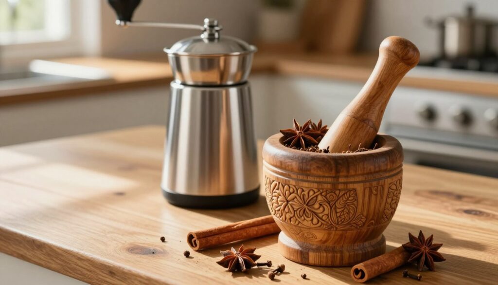 A beautifully crafted wooden mortar and pestle, intricately detailed with carvings, are set prominently in the foreground, showcasing the texture of the wood. The mortar is filled with a vibrant mix of spices like cinnamon sticks, star anise, and cloves, with some spices scattered artfully around it. In the middle ground, a stainless steel coffee grinder sits adjacent, reflecting soft light, emphasizing its sleek design. The background features a rustic wooden countertop with a softly lit kitchen setting, enhancing the warm, inviting atmosphere. Natural daylight streams in from a nearby window, casting gentle shadows and creating a cozy ambiance. The overall mood is one of warmth and homey comfort, inviting the viewer into the world of spice grinding and flavorful cooking. A beautifully crafted wooden mortar and pestle, intricately detailed with carvings, are set prominently in the foreground, showcasing the texture of the wood. The mortar is filled with a vibrant mix of spices like cinnamon sticks, star anise, and cloves, with some spices scattered artfully around it. In the middle ground, a stainless steel coffee grinder sits adjacent, reflecting soft light, emphasizing its sleek design. The background features a rustic wooden countertop with a softly lit kitchen setting, enhancing the warm, inviting atmosphere. Natural daylight streams in from a nearby window, casting gentle shadows and creating a cozy ambiance. The overall mood is one of warmth and homey comfort, inviting the viewer into the world of spice grinding and flavorful cooking.