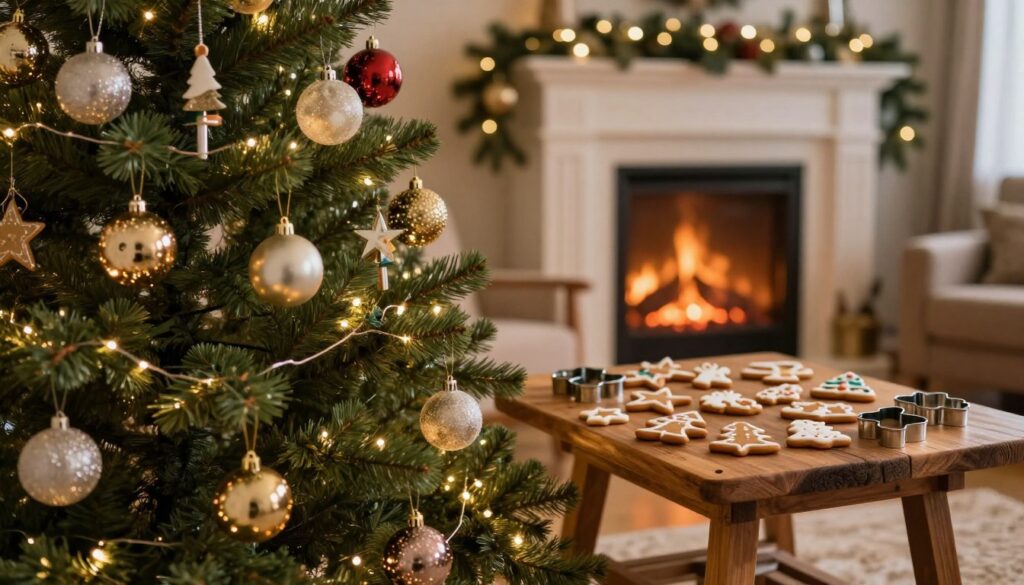 A beautifully decorated Christmas tree, known as "choinka," fills the foreground, adorned with shimmering baubles, twinkling fairy lights, and colorful garlands. Each ornament reflects subtle hues, creating a warm glow in the room. In the middle ground, a cozy living room setting is visible, with a rustic wooden table holding gingerbread cookie cutters in various festive shapes, like stars, angels, and Christmas trees, showcasing the art of baking. The background features a softly glowing fireplace, casting gentle shadows and enhancing the holiday spirit. The lighting is warm and inviting, with a slightly blurred depth of field to focus on the tree and the table. The atmosphere evokes a sense of joy and nostalgia, perfect for celebrating the Christmas season.