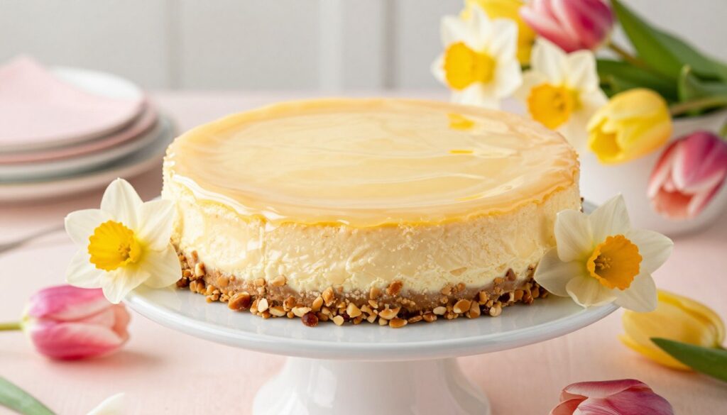 A beautifully decorated Easter cheesecake featuring a glossy, smooth layer of polewa (glaze) on top, shimmering in soft, natural light. The cheesecake is placed on an elegant white cake stand, with a delicate yet vibrant array of spring flowers like tulips and daffodils arranged around it. The foreground captures the rich textures of the cheesecake with the luscious glaze reflecting light, while the middle showcases the cake with subtle details of a crumbly topping made from crushed nuts. In the background, a softly blurred pastel table setting complements the scene, evoking a warm, festive atmosphere. The composition conveys elegance and sophistication, inviting viewers to appreciate the artistry of cake decoration for special occasions.
