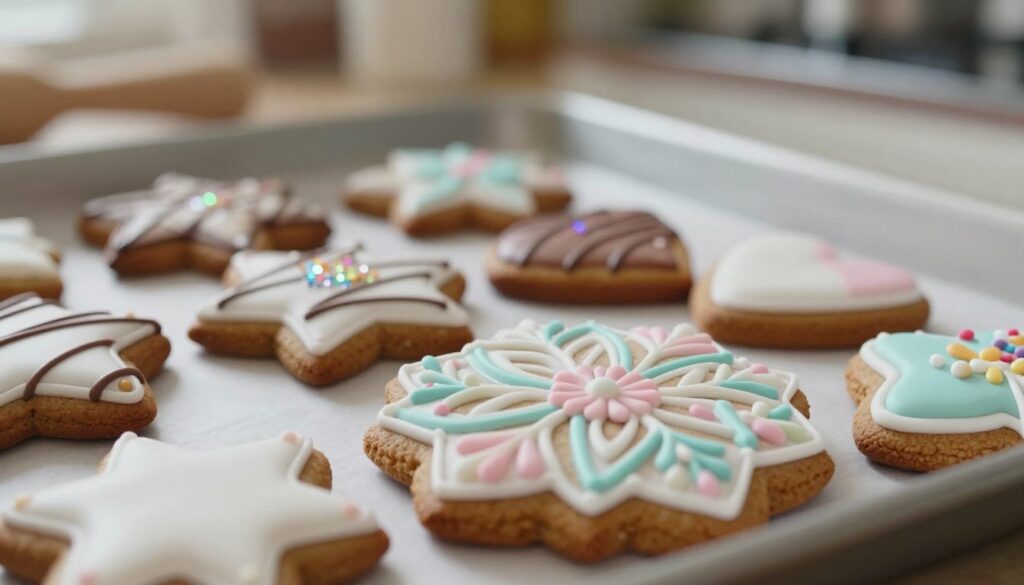 A beautifully decorated gingerbread cookie set against a softly blurred kitchen background. In the foreground, showcase a close-up of intricate icing patterns in white and pastel colors, forming elegant floral and geometric designs. The middle layers feature cookies in various shapes like stars and hearts, decorated with fine chocolate drizzles and a sprinkle of edible glitter that catches the light. Soft, natural lighting creates a warm and inviting atmosphere, highlighting the glossy finish of the icing. The scene conveys a sense of comfort and festive elegance, perfect for a cozy baking environment. The angle should focus on capturing the details of the designs while suggesting a culinary workspace, without any human presence. A beautifully decorated gingerbread cookie set against a softly blurred kitchen background. In the foreground, showcase a close-up of intricate icing patterns in white and pastel colors, forming elegant floral and geometric designs. The middle layers feature cookies in various shapes like stars and hearts, decorated with fine chocolate drizzles and a sprinkle of edible glitter that catches the light. Soft, natural lighting creates a warm and inviting atmosphere, highlighting the glossy finish of the icing. The scene conveys a sense of comfort and festive elegance, perfect for a cozy baking environment. The angle should focus on capturing the details of the designs while suggesting a culinary workspace, without any human presence.
