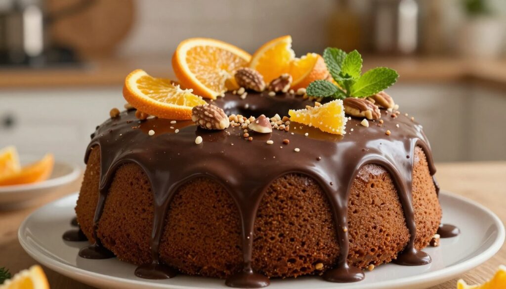 A beautifully drizzled chocolate glaze, known as "polewa czekoladowa," gracefully cascades over a freshly baked gingerbread cake. The foreground features the rich, glossy chocolate pooling around the base of the moist cake, with delicate reflections highlighting its shine. In the middle, an array of seasonal decorations like crushed nuts, candied orange peel, and sprigs of fresh mint adorn the dish, adding vibrant colors and textures. The background softly blurs to reveal a warm, inviting kitchen ambiance with soft golden lighting, enhancing the cozy holiday mood. Capture the inviting warmth and delectable allure of this festive dessert, using a slightly overhead angle to showcase the cake and decorations. The overall atmosphere should be celebratory yet homely, perfect for both festive occasions and everyday indulgence.