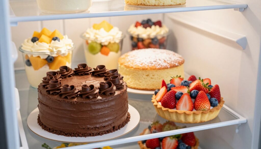 A beautifully organized refrigerator interior showcasing various types of cake, each placed carefully on different shelves. In the foreground, a luscious chocolate layer cake with smooth frosting adorned with elegant chocolate curls; beside it, a colorful fruit tart brimming with fresh strawberries and blueberries. The middle shelf features a classic vanilla sponge cake, gently dusted with powdered sugar. The background reveals a soft-focus view of neatly arranged glass containers filled with whipped cream and fruits. The lighting is bright and inviting, capturing the freshness of the cakes. The angle is slightly tilted to give depth, creating a warm and inviting mood that emphasizes the quality of the baked goods, suggesting their potential longevity in the refrigerator. A beautifully organized refrigerator interior showcasing various types of cake, each placed carefully on different shelves. In the foreground, a luscious chocolate layer cake with smooth frosting adorned with elegant chocolate curls; beside it, a colorful fruit tart brimming with fresh strawberries and blueberries. The middle shelf features a classic vanilla sponge cake, gently dusted with powdered sugar. The background reveals a soft-focus view of neatly arranged glass containers filled with whipped cream and fruits. The lighting is bright and inviting, capturing the freshness of the cakes. The angle is slightly tilted to give depth, creating a warm and inviting mood that emphasizes the quality of the baked goods, suggesting their potential longevity in the refrigerator.
