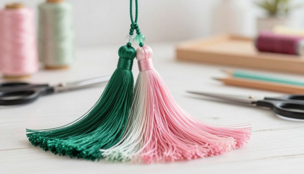 A beautifully personalized tassel, showcasing a vibrant color palette that transitions from deep emerald green at the top to a soft pastel pink at the tips, creating a stunning ombre effect. The tassel hangs elegantly, featuring intricate knots and decorative beads woven in between, enhancing its character. In the foreground, a close-up view captures the texture of the threads, emphasizing their softness and sheen. The middle ground includes a sample craft table with scissors and colorful threads scattered around, while the background is softly blurred, suggesting a bright, well-lit workshop environment filled with inspiration. The overall mood is creative and inviting, with warm lighting highlighting the details and making the colors pop.