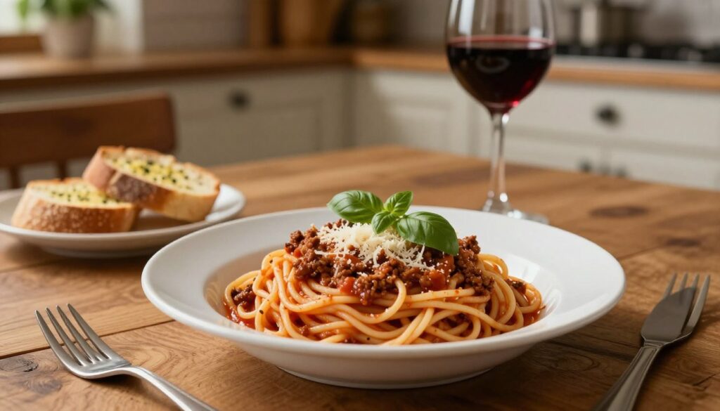 A beautifully plated bowl of spaghetti bolognese sits prominently in the foreground, showcasing perfectly twirled strands of al dente pasta topped with a rich, savory meat sauce, garnished with fresh basil and grated Parmesan. The middle ground features an elegantly set wooden dining table with a rustic ambiance, complemented by warm, soft lighting that casts gentle shadows, highlighting the textures of the food. A glass of red wine and a small dish of garlic bread accompany the scene, adding to the inviting atmosphere of an Italian dining experience. In the background, blurred hints of an Italian kitchen can be seen, with wooden shelves holding herbs and spices, enhancing the warm, home-cooked feel of the image. The overall mood is cozy, appealing, and deliciously inviting, perfect for illustrating an authentic bolognese recipe.