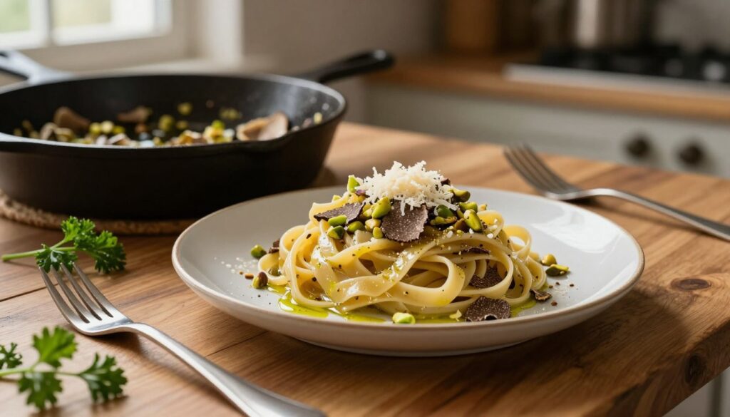 A beautifully plated dish of truffle pasta in a rustic kitchen setting, showcasing the glossy, rich strands of handmade fettuccine glistening with truffle oil. The pasta is adorned with crushed pistachios, offering a pop of green, and sprinkled with freshly grated Parmesan cheese. In the foreground, a wooden table, and in the middle ground, a cast-iron skillet with remnants of the dish, hinting at recent cooking. Soft, ambient lighting filters through a nearby window, casting a warm glow over the scene, enhancing the pasta's luxurious texture. Fresh herbs like parsley are scattered artistically around the plate for garnish. Utensils are elegantly arranged, creating an inviting and cozy atmosphere, perfect for a culinary experience. The background is slightly blurred, retaining focus on the dish while suggesting the charm of a well-used kitchen. A beautifully plated dish of truffle pasta in a rustic kitchen setting, showcasing the glossy, rich strands of handmade fettuccine glistening with truffle oil. The pasta is adorned with crushed pistachios, offering a pop of green, and sprinkled with freshly grated Parmesan cheese. In the foreground, a wooden table, and in the middle ground, a cast-iron skillet with remnants of the dish, hinting at recent cooking. Soft, ambient lighting filters through a nearby window, casting a warm glow over the scene, enhancing the pasta's luxurious texture. Fresh herbs like parsley are scattered artistically around the plate for garnish. Utensils are elegantly arranged, creating an inviting and cozy atmosphere, perfect for a culinary experience. The background is slightly blurred, retaining focus on the dish while suggesting the charm of a well-used kitchen.