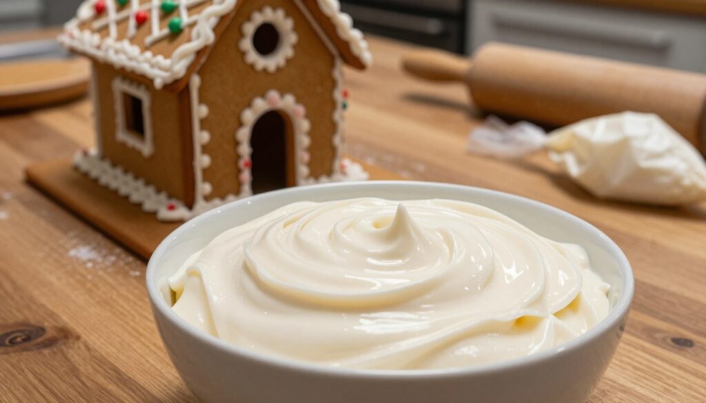 A beautifully prepared bowl of royal icing sits prominently in the foreground, its glossy texture shining under soft, warm kitchen lighting. The icing is smooth and white, with delicate swirls on its surface suggesting a thick consistency ideal for construction. In the middle ground, a completed gingerbread house is partially assembled, showcasing intricate details such as candy decorations and a sturdy base. In the background, a rustic wooden countertop features various baking tools, like a rolling pin and pastry bags, hinting at an inviting baking atmosphere. The scene conveys a sense of warmth and creativity, evoking the joy of holiday baking. The camera angle is slightly elevated, providing a clear view of the icing's application process in constructing the gingerbread house.