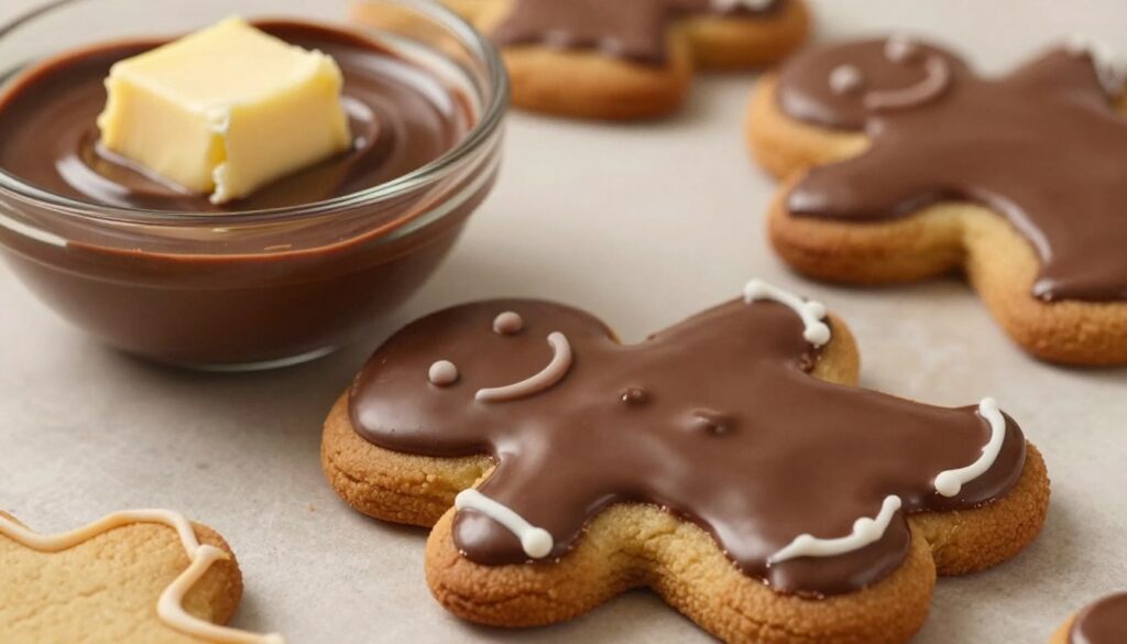 A beautifully presented gingerbread cookie drizzled with a smooth, glossy chocolate glaze. The foreground features the cookie with intricate icing details, showcasing its textured surface. In the middle background, a small bowl of melted chocolate sits next to a pat of butter, hinting at the ingredients used to create the glaze. Soft, warm lighting enhances the shine of the chocolate, creating a rich, inviting atmosphere. The image is captured from a slightly elevated angle, focusing on the glossy finish of the chocolate coating, emphasizing its allure. The overall mood is cozy and festive, evoking the delightful experience of holiday baking.