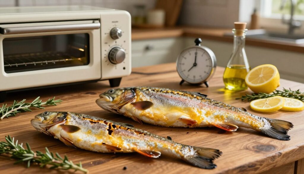 A beautifully presented trout, golden and flaky, resting on a rustic wooden table, surrounded by common cooking mistakes. In the foreground, a dried-out trout, overcooked and cracked open, contrasts with a perfectly cooked one. In the middle, a vintage oven with the temperature dial set wrong, and a timer showing too long. Ingredients like lemon slices, herbs, and a splash of olive oil scatter around, hinting at better practices. The background features a cozy kitchen environment with warm, soft lighting, emphasizing a homely atmosphere. Capture the essence of culinary struggle and the tips for creating a moist, flavorful trout, inspired by common pitfalls in home cooking. No text or branding present.