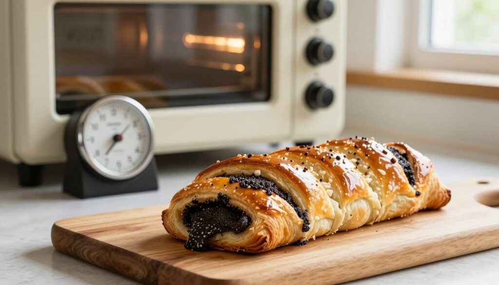 A beautifully staged kitchen setting featuring a freshly baked poppy seed roll (makowiec) placed on a wooden cutting board. In the foreground, the golden-brown, flaky crust glistens slightly, showcasing a rich, dark filling spilling out gently. In the middle, a vintage oven timer sets at 30 minutes, symbolizing the perfect baking time for the makowiec, with a traditional oven in the background, softly illuminated. Natural light floods through a nearby window, creating a warm, inviting atmosphere with gentle shadows. The overall mood is cozy and nostalgic, inviting the viewer to experience the joy of baking at home while ensuring the makowiec is not overbaked.