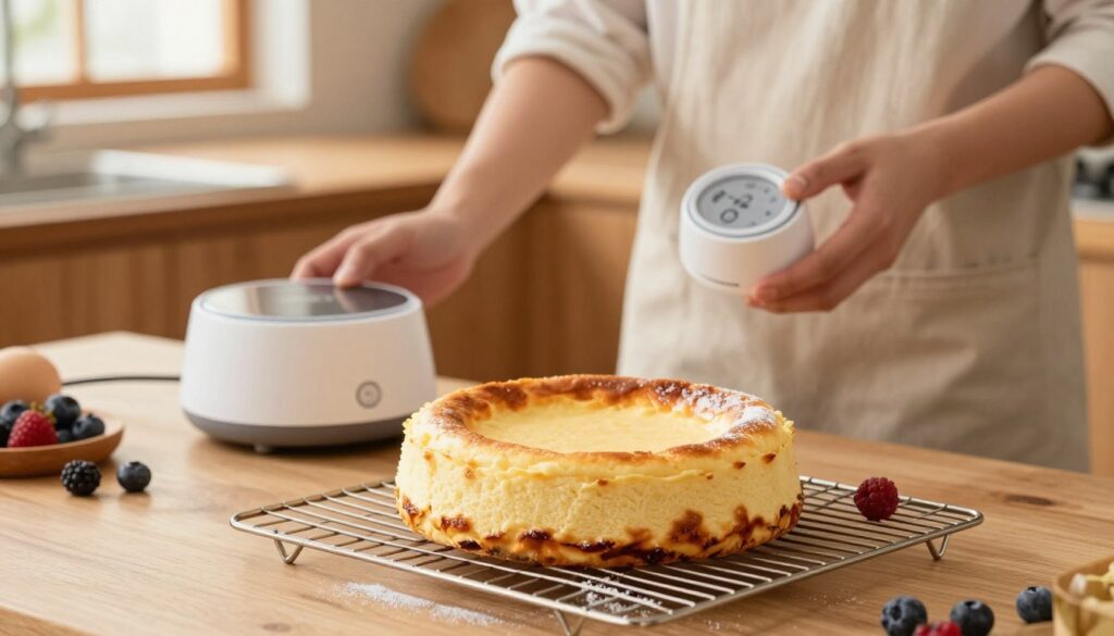 A beautifully styled kitchen scene showcasing the process of cooling a baked cheesecake. In the foreground, a medium-sized cheesecake rests on a wire cooling rack, adorned with subtle decorations like fresh berries and a dusting of powdered sugar. In the middle ground, a person in modest casual clothing carefully sets a timer on a sleek, modern kitchen gadget, symbolizing precision in baking. The background features soft lighting coming from a window, illuminating the warm wooden cabinetry and countertop, creating a cozy atmosphere. The overall mood conveys a sense of calm and meticulous care, emphasizing the importance of proper cooling techniques to prevent the cheesecake from sinking after baking.
